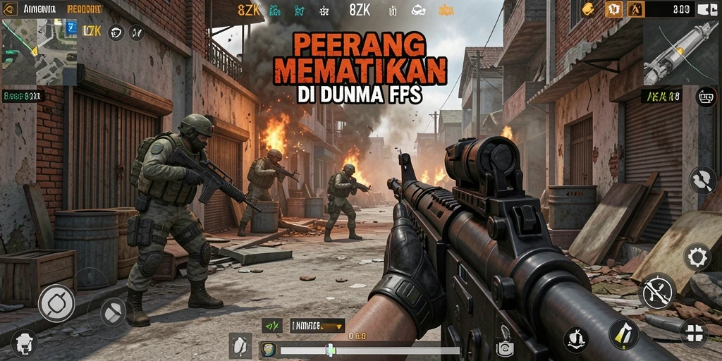 Screenshot terlihat menegangkan dengan aksi pertempuran FPS.