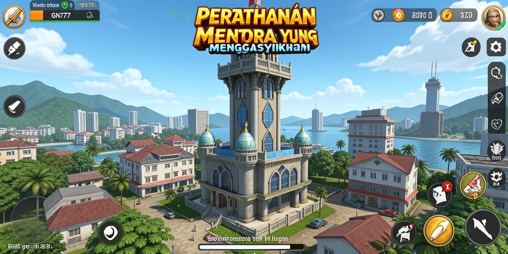 Screenshot gameplay GN777 menampilkan pertarungan menara melawan gelombang musuh.