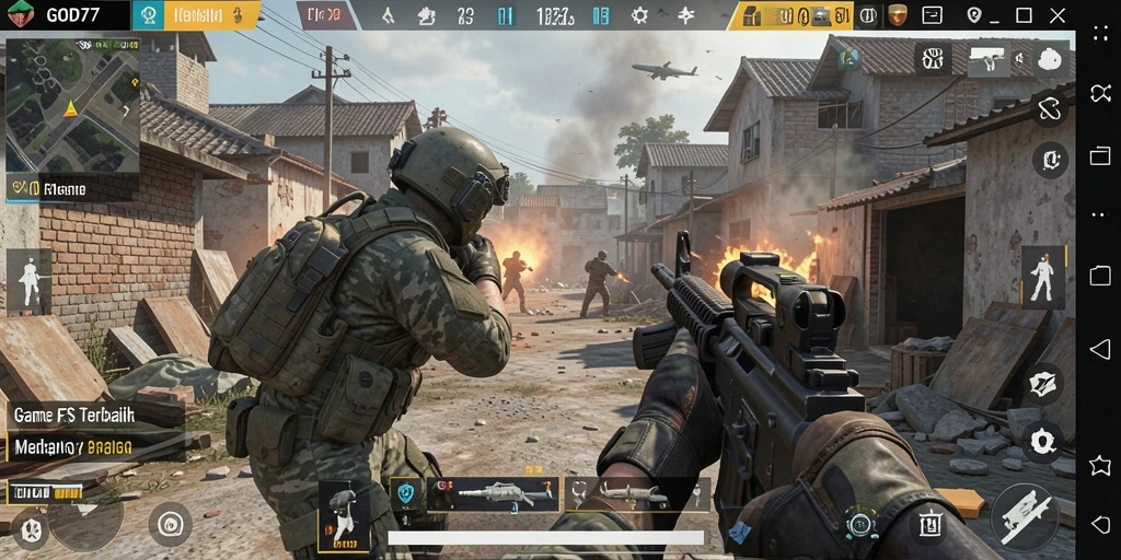 Tampilan dinamis gameplay GOD77 yang mengasyikkan di lapangan pertempuran FPS.