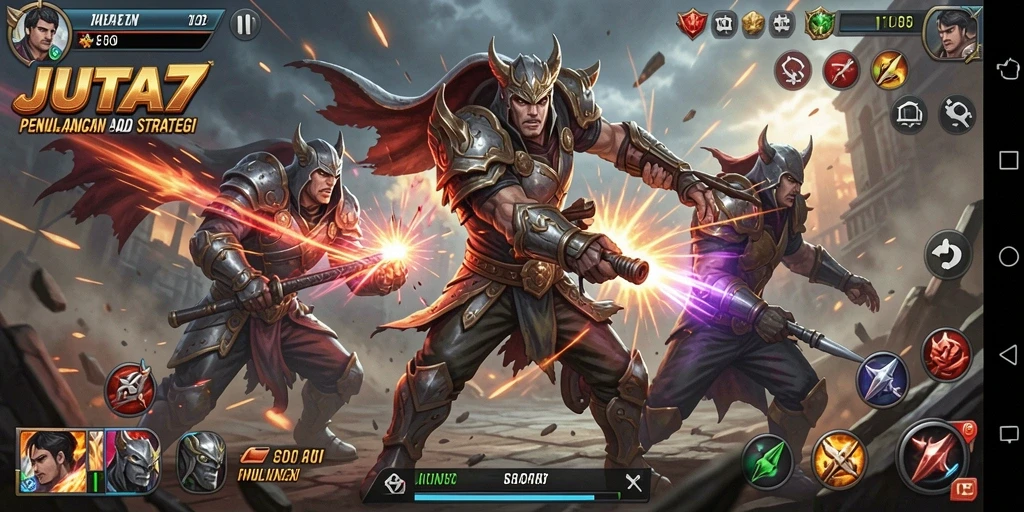 Tampilan gameplay <strong>JUTA7</strong> yang penuh aksi dan strategi pertarungan yang seru.