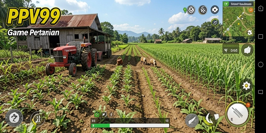Tampilan gameplay PPV99 menunjukkan ladang yang subur dan hewan lucu.