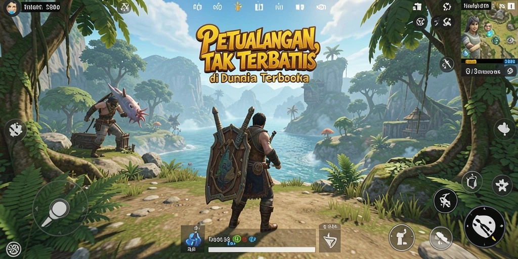 Screenshot gameplay S80 menampilkan petualangan eksplorasi di dunia terbuka.