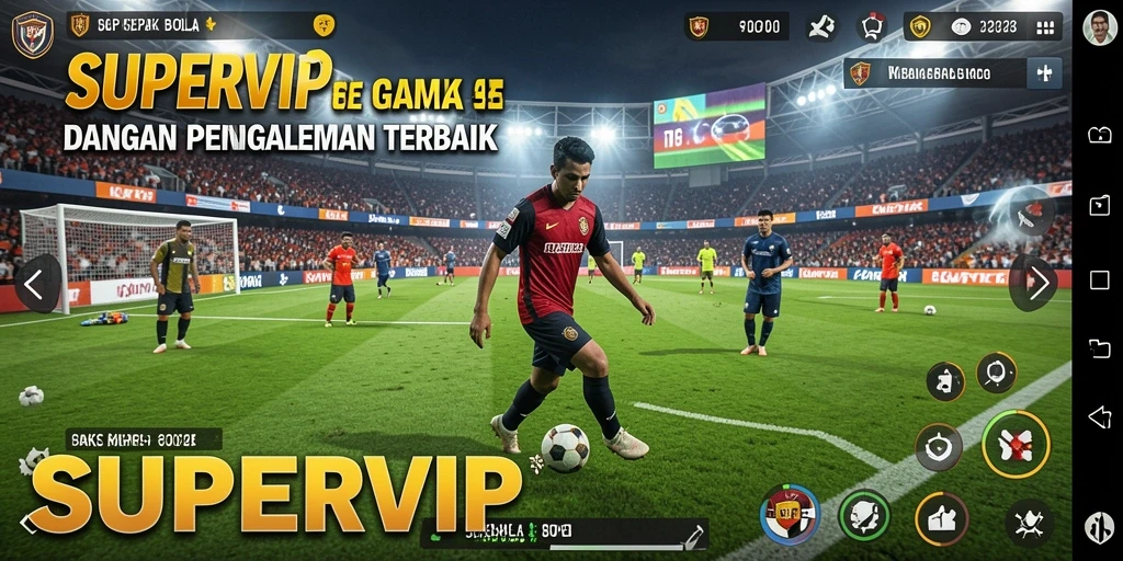Screenshot gameplay <strong>SUPERVIP</strong> menunjukkan aksi seru di lapangan sepak bola.