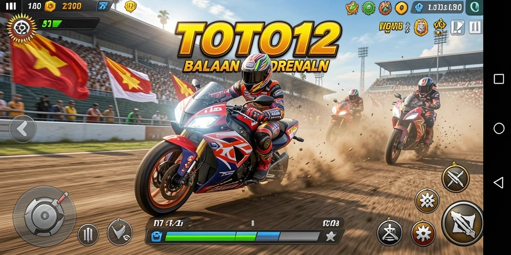 Tampilan gameplay TOTO12 dengan balapan motor yang cepat dan menantang.